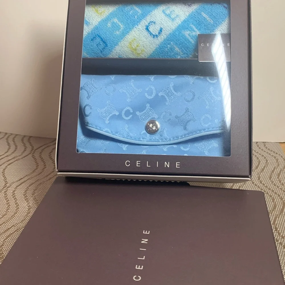 Authentic Celine Sky Blue Monogram face towel and pouch Set
